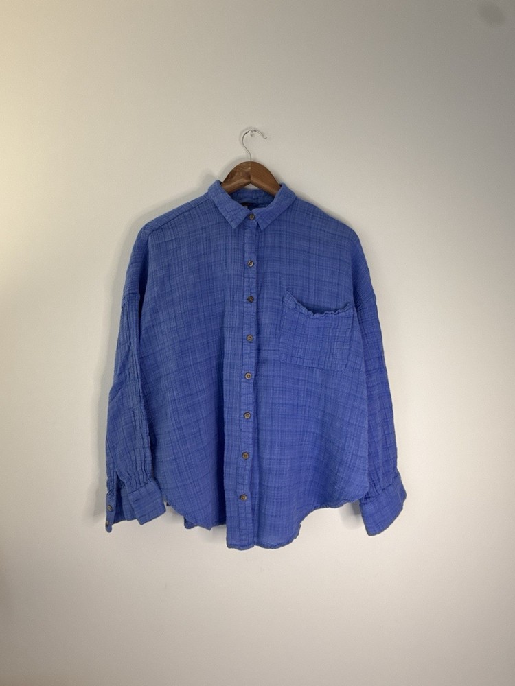 ✿ Free People Blue Gauze Button Down Shirt M Oversized Boho Cotton Top