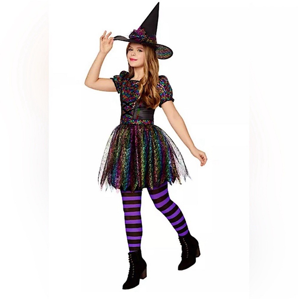 Kids sequin bling sparkling witch Halloween costume matching bling witch hat M