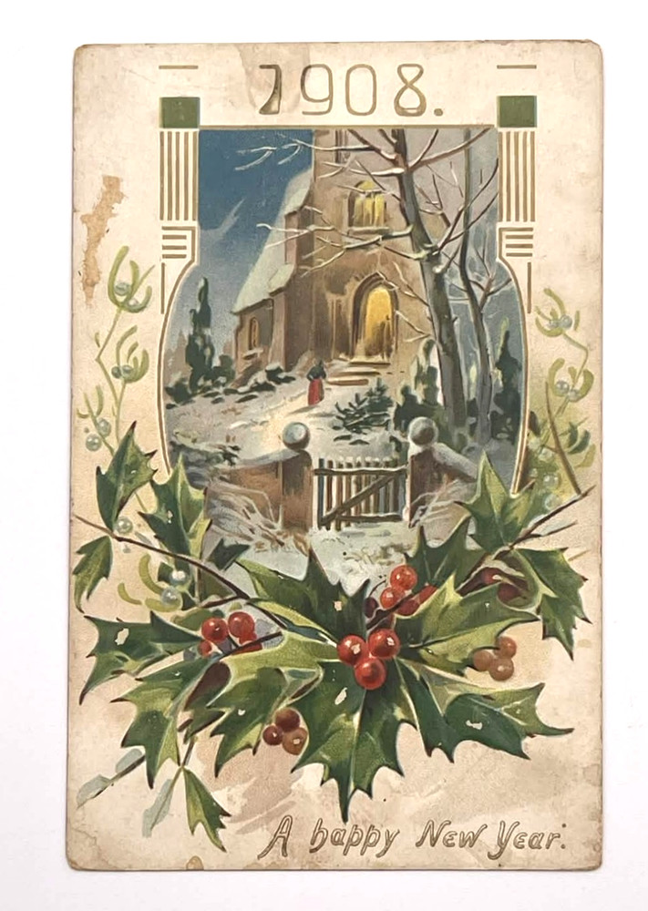 1908 New Year Church Holly Winter Scene Tuck Postcard Embossed