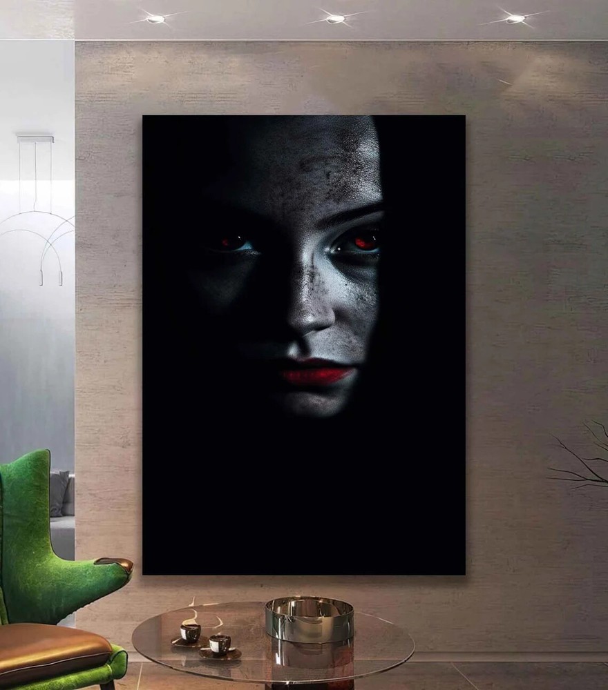 Red Eyed Woman, Red Lips Scary Girl in Black Wall Art Canvas Unframed Print Art