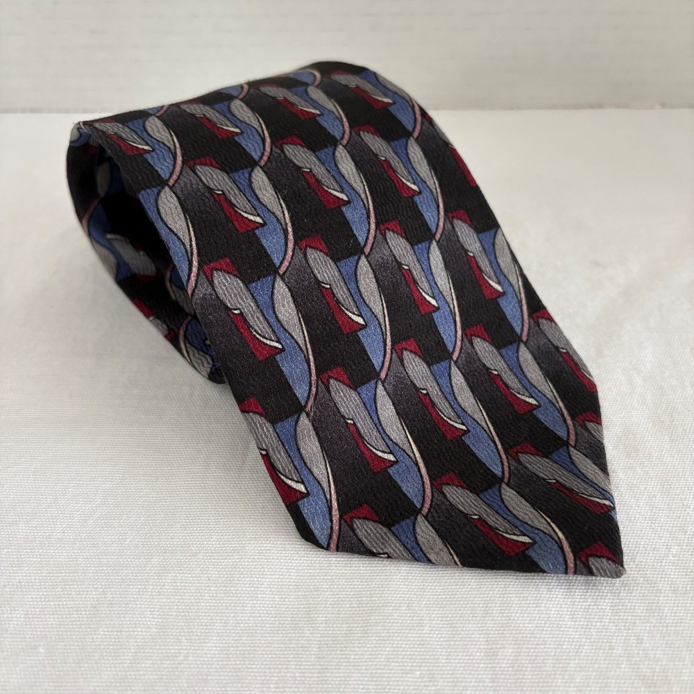 Jimmy Z Vintage Silk Necktie Black Blue Red Geometric Abstract Graphic Print USA-image