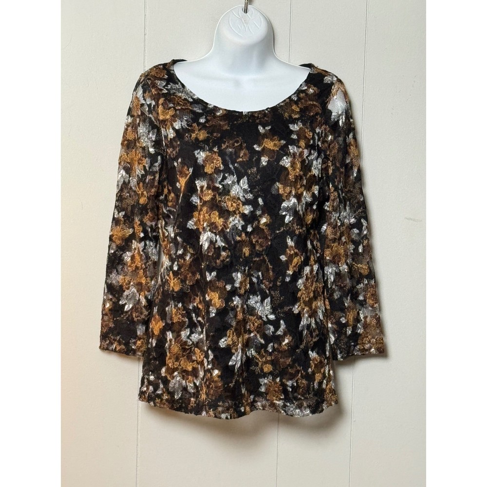 White Stag Women's Floral Lace Top Black Gold Silver Metallic 3/4 Sleeve Size L