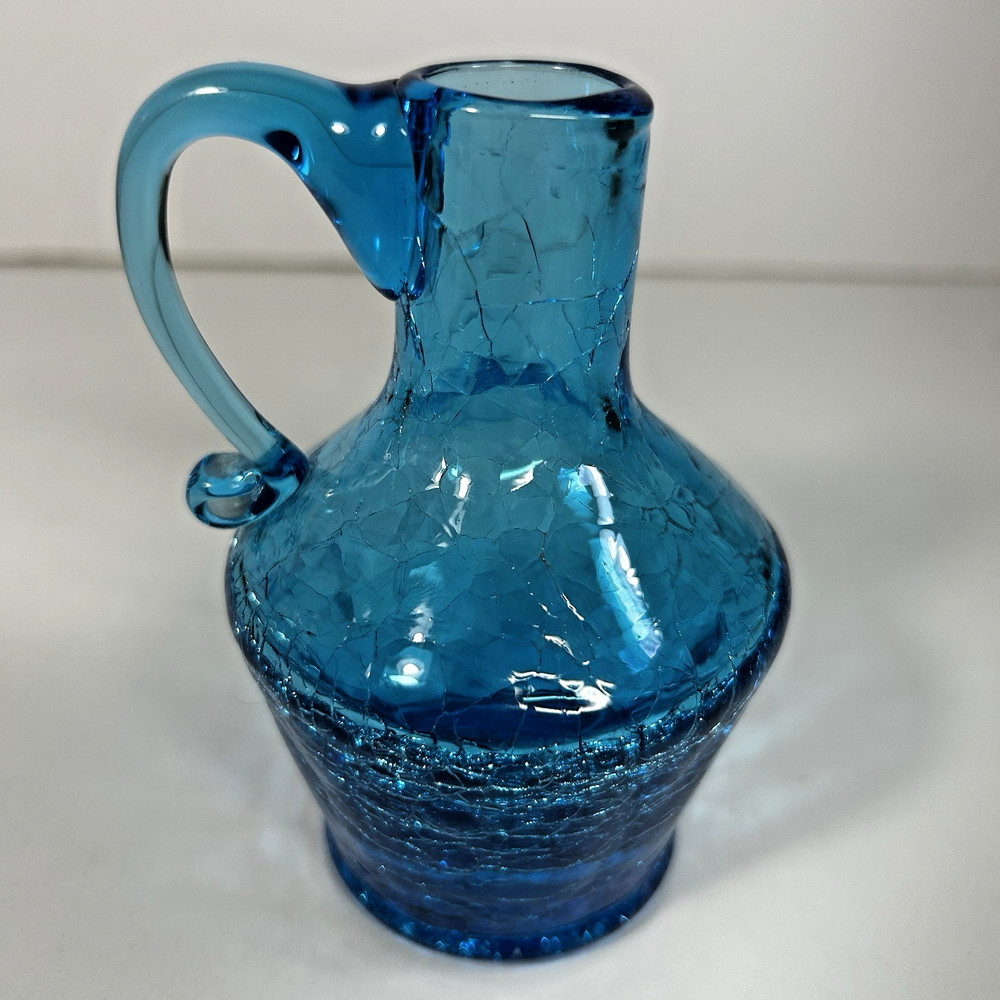 Vintage Blue Crackle Glass Mini Pitcher 4” Hand Blown Applied Handle
