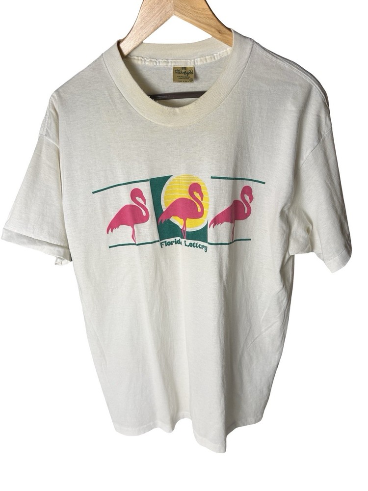 VTG Florida Lottery Touch Of Gold T-shirt Sz XL White Single Stitch Flamingo