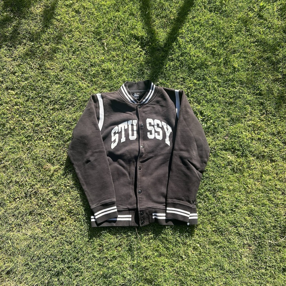 stüssy black and white varsity jacket
