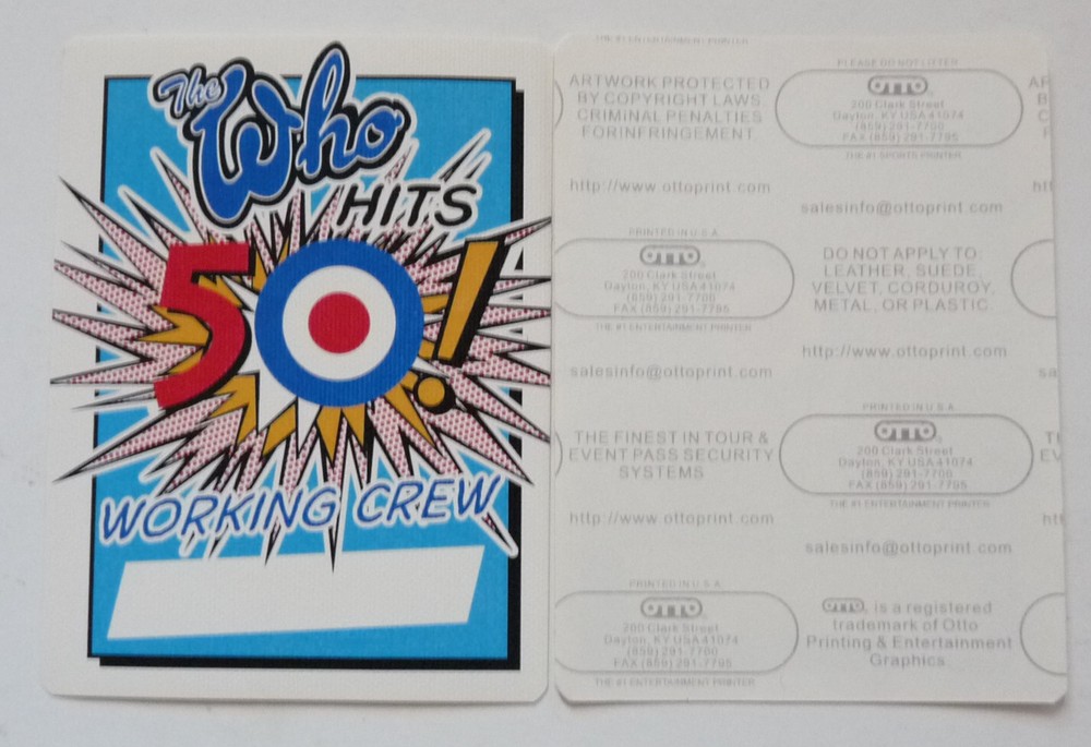 The Who Hits 50 Blue Working Crew 2015 Concert Tour Backstage Pass D16