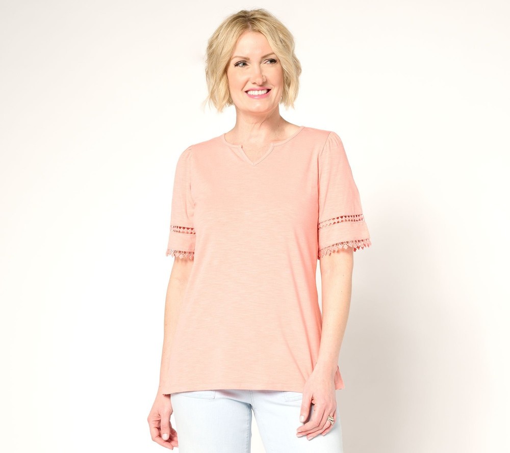 Belle by Kim Gravel Women's Top Plus Sz 2X Slub Knit Diamond Trim Pink A686384
