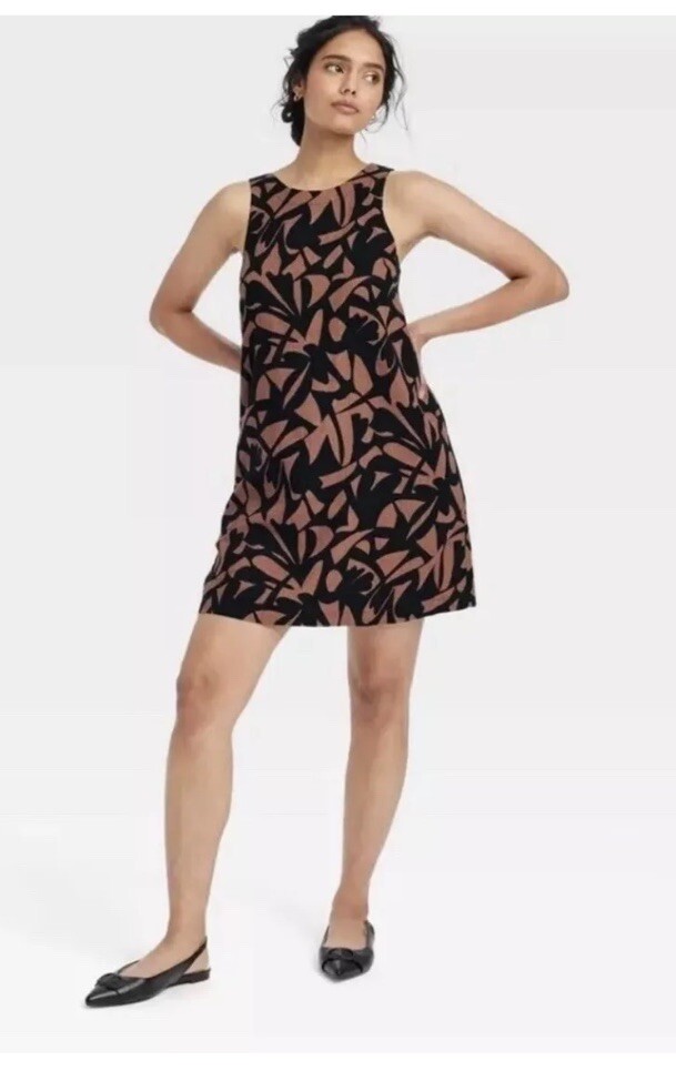 NWT Women's A New Day XS Linen Mini Shift Dress Sleeveless Keyhole Neck Abstract