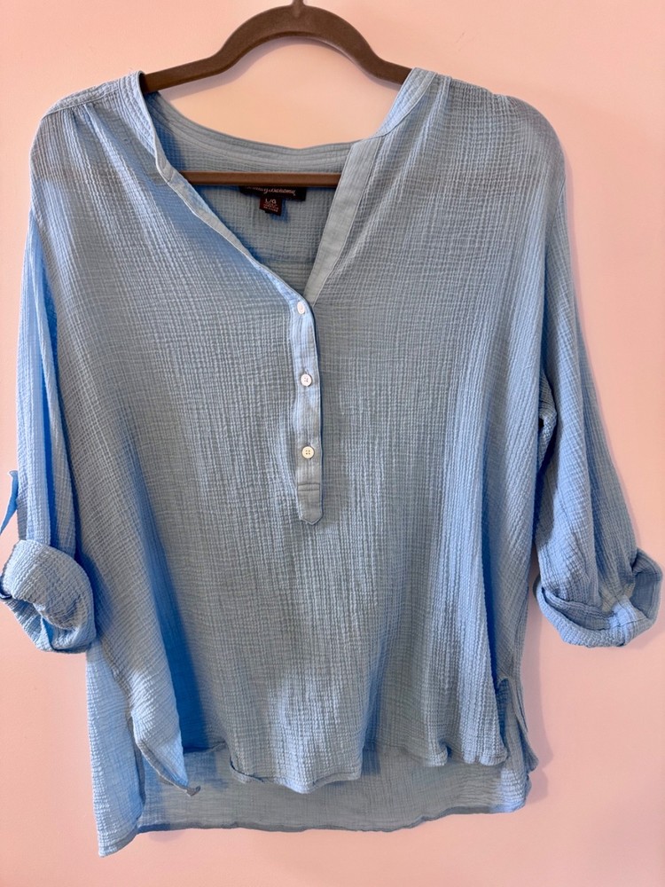 Tommy Bahama Gauze Top Womens Large Blue Roll Tab Lightweight Beachy