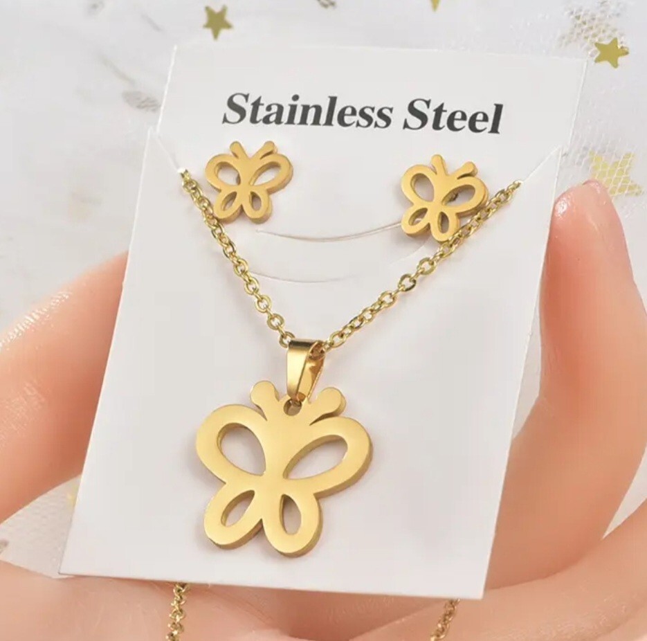 Gold Plated Stainless Steel Heart Pendant Necklace & Earrings Set
