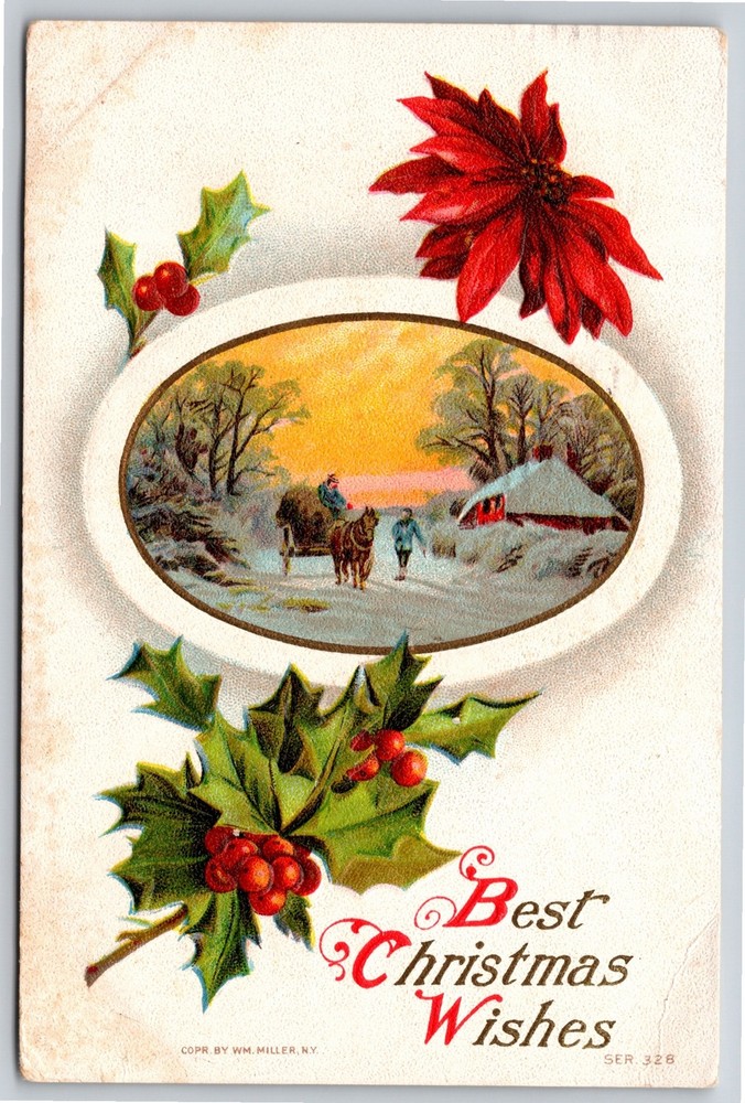 Holiday~Poinsettias Holly & Best Christmas Wishes~Vintage Postcard
