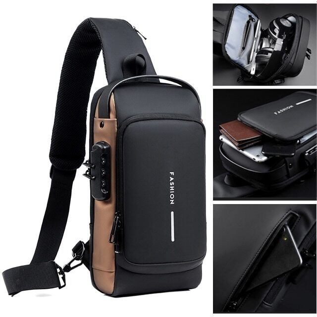 Men's Sling Backpack Waterproof Anti-theft Shoulder Crossbody Chest Bag USB Por