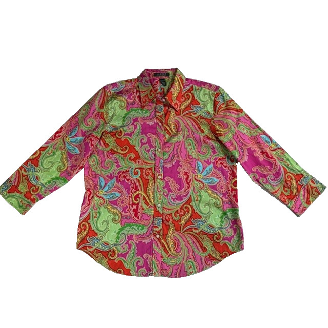 RALPH LAUREN Bright Paisley Button Up Shirt Sz L Pink Orange 3/4 Split Cuff Slv