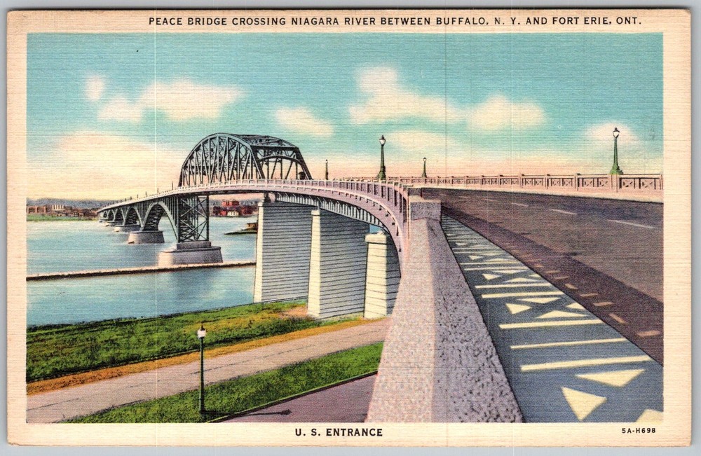 Vtg Linen Postcard Peace Bridge U.S Entrance Buffalo, NY 1940s