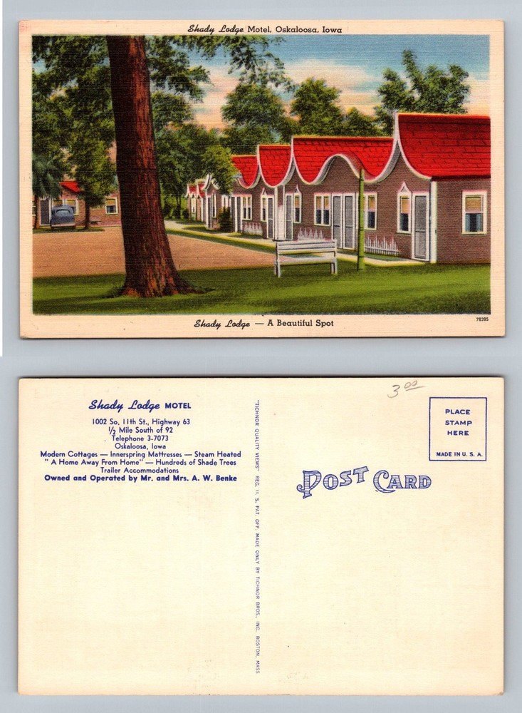 Oskaloosa, IA-Iowa, Shady Lodge Motel Cottages Red Roofs Vintage Postcard