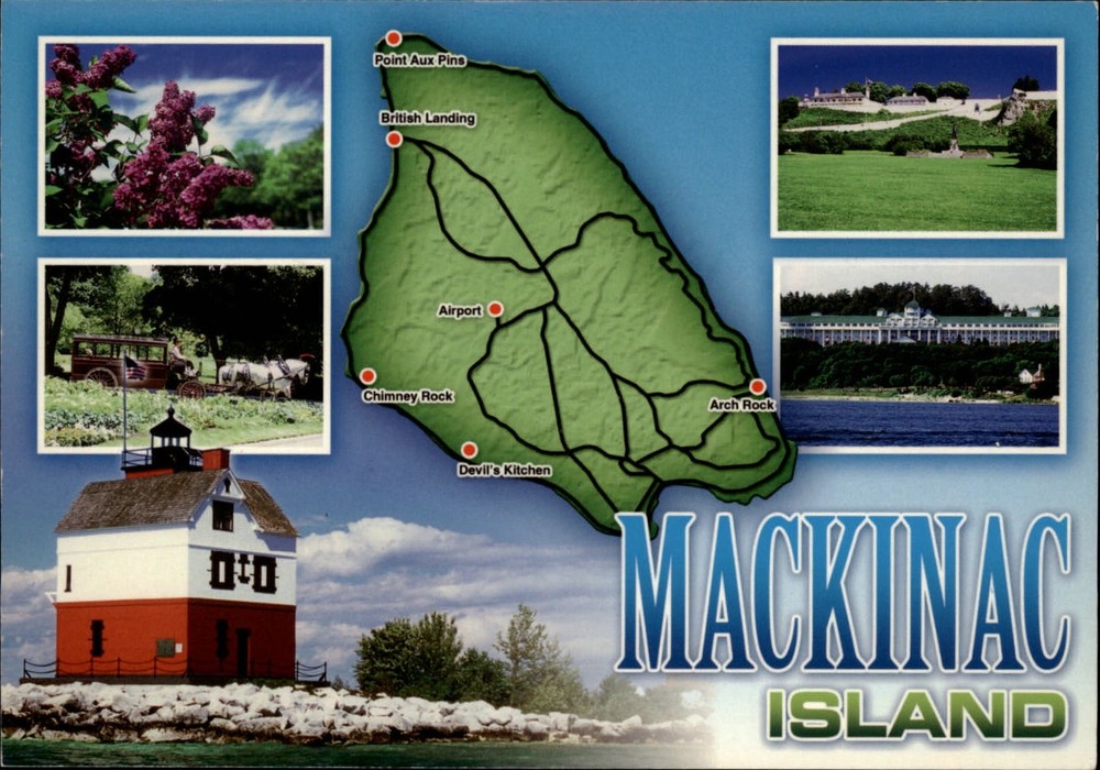 Michigan Mackinac Island Map multiview light house horse carriage ~ postcard