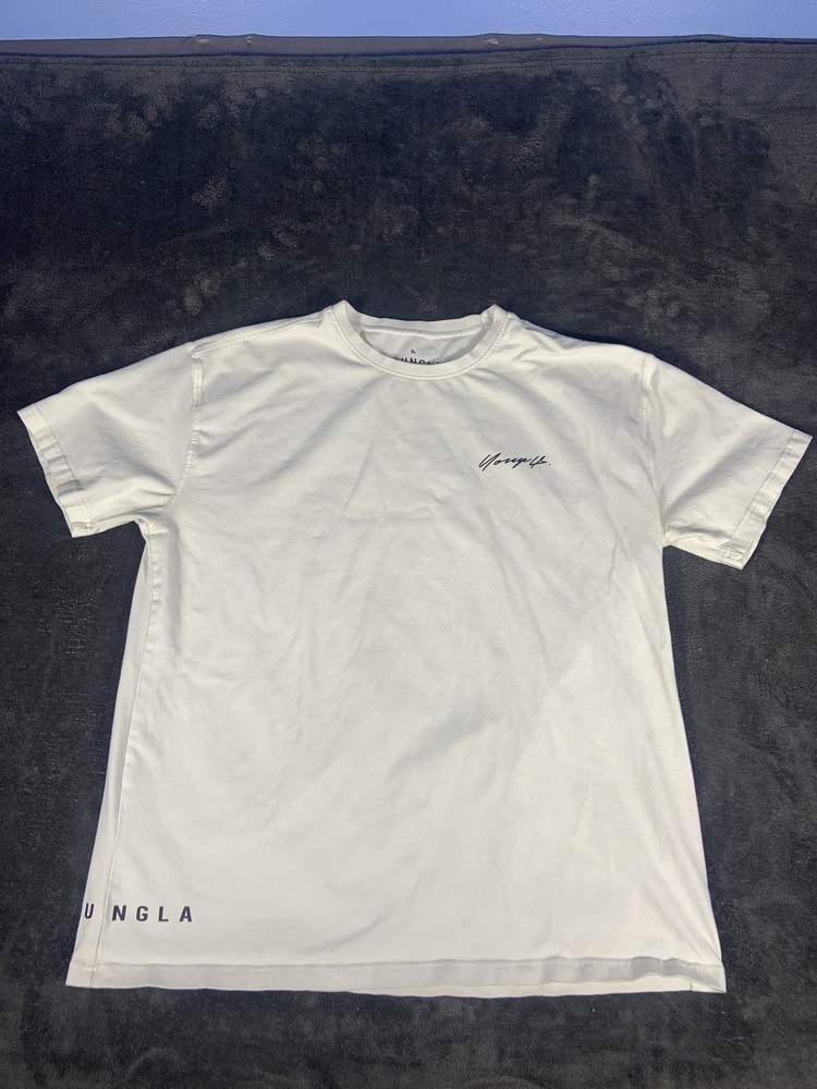 YoungLA Men's Script Logo Graphic T-Shirt White Cotton Blend Athletic Fit Size S