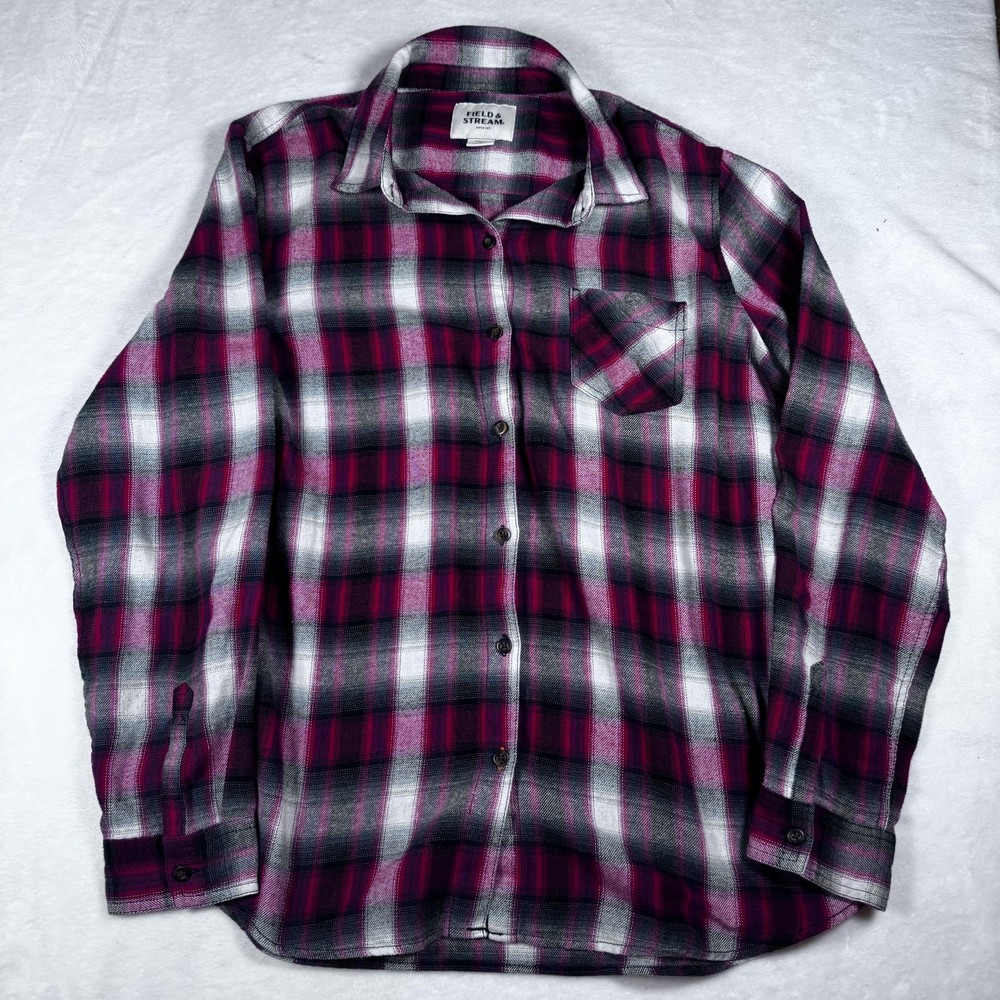 Field & Stream Flannel Shirt Womens XL Red Black Plaid Button Front Casual Top