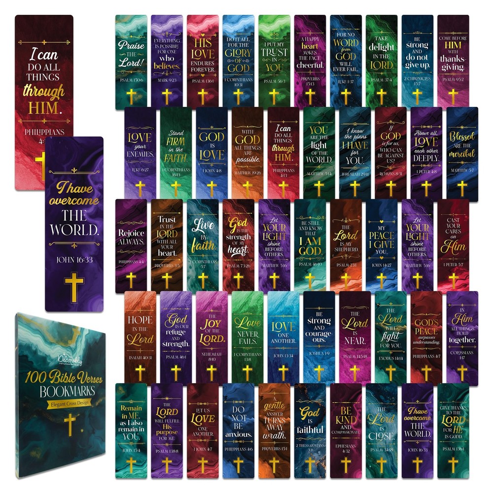 Decorably 100 Pack 2x6in Gold Foil Bible Bookmark with Religious Verses Set  ...