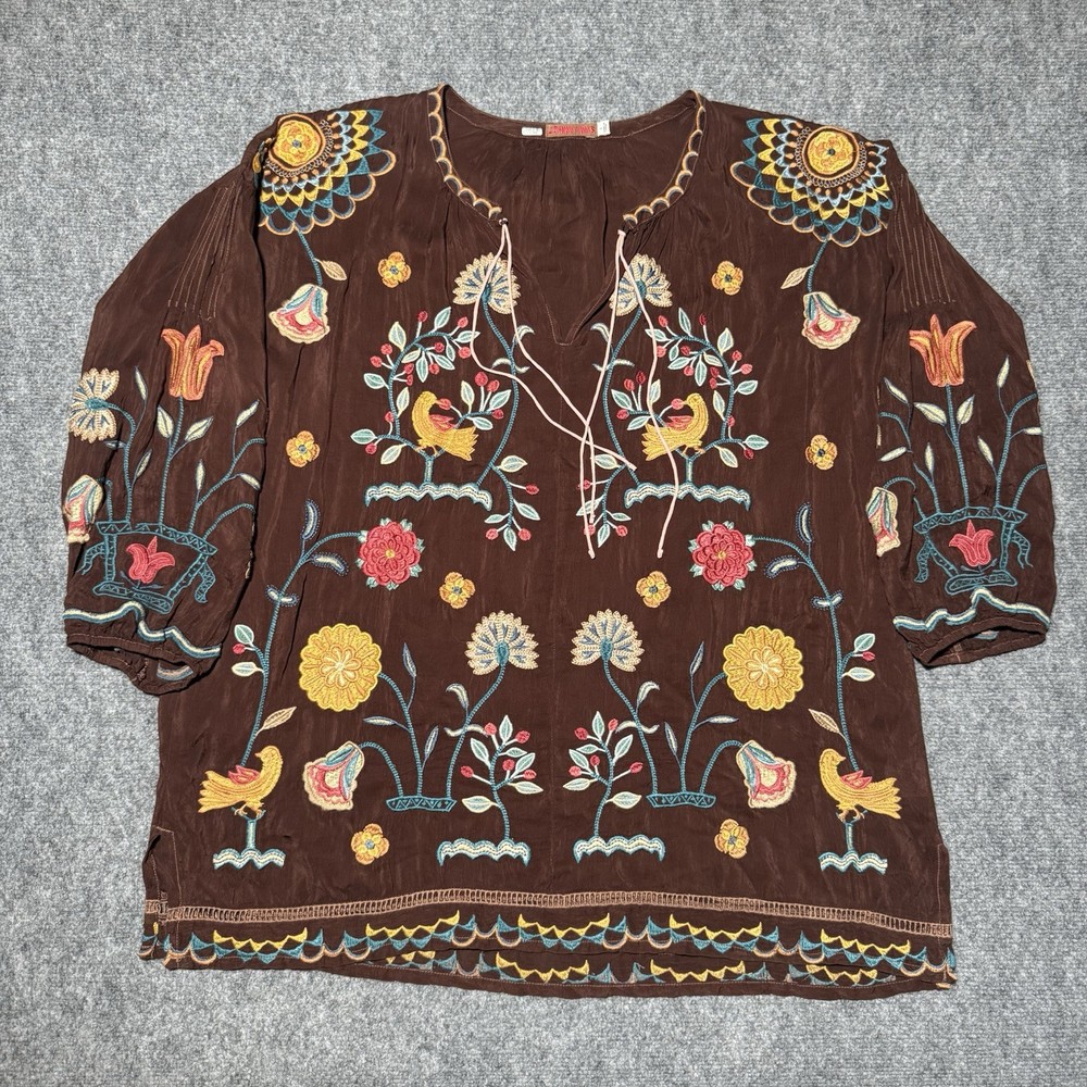 Johnny Was Mayson Tunic Top Large Brown Floral Embroidered Pullover Cupra Rayon