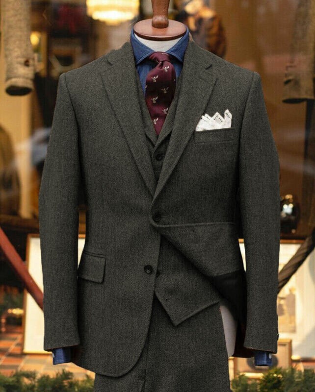 Men's Suit Wool Herringbone Tweed Check Prom Groom Tuxedo Wedding 3 Piece Winter