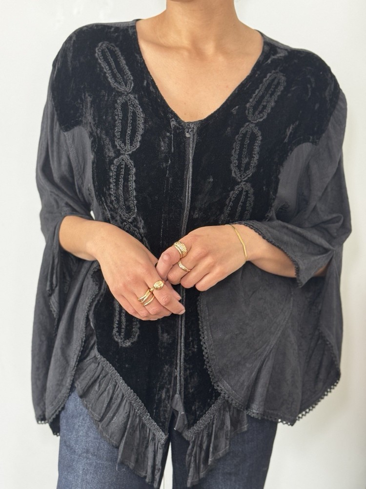 Women’s Boho Velvet - Black Trim Tie Back Blouse Bell Sleeve - One Size