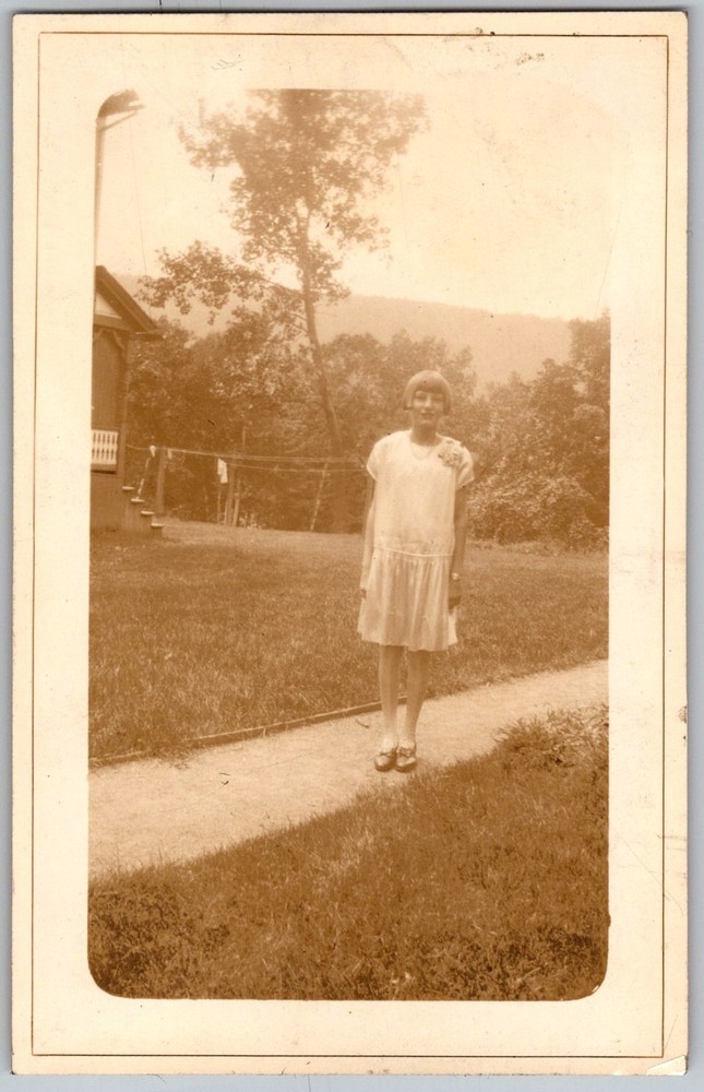 Vtg B&W Snapshot Woman in White Flapper Dress Standing On Path Outdoors 1920s