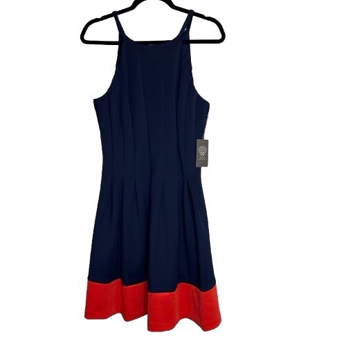 NWT Vince Camuto Women's Red / Blue Fit & Flare Halter Sleeveless Dress Size 12