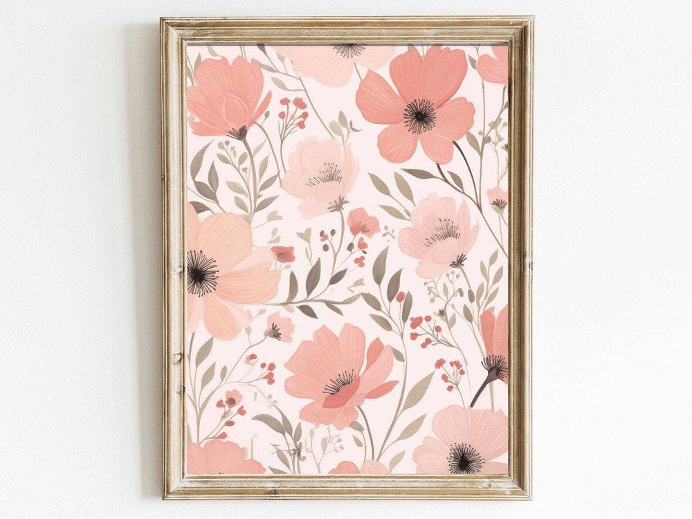 Pink Flowers Print Floral Pattern Wall Art Coral Color Floral Art Flower Wall