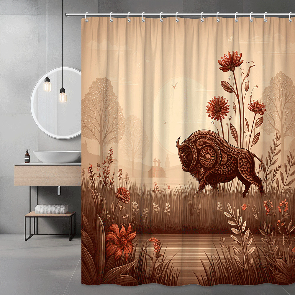 Rustic Buffalo Floral Shower Curtain, Western Landscape Print