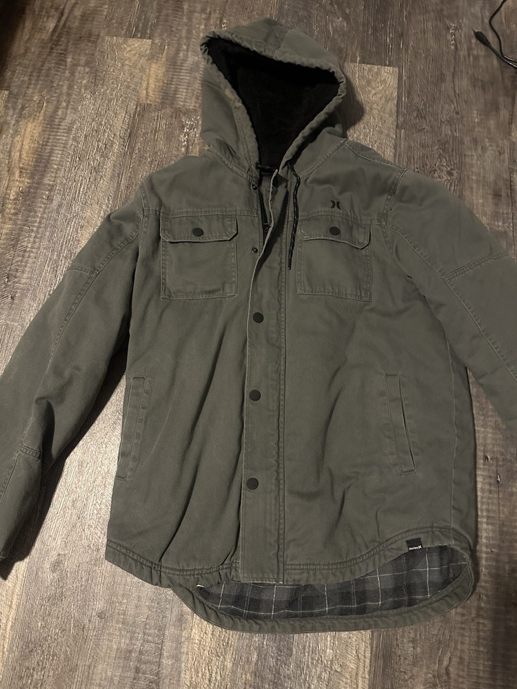 Hurley Mens Medium Gray Flannel-Lined Canvas Hooded Jacket with Logo Full-Zip