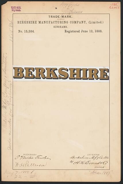 Photo:Berkshire Manufacturing Co Trademark Registration Ginghams 1888