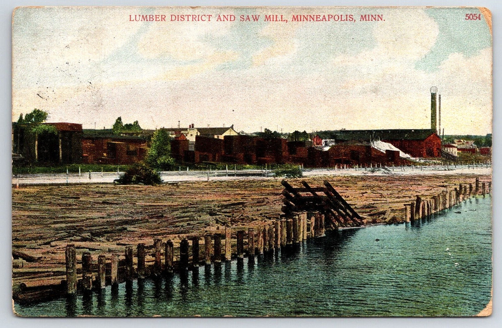 Vintage Postcard Antique Saw Mill Lumber District River Minneapolis Minnesota