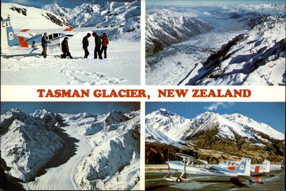 New Zealand Tasman Glacier snow airplanes multiview ~ unused postcard sku109