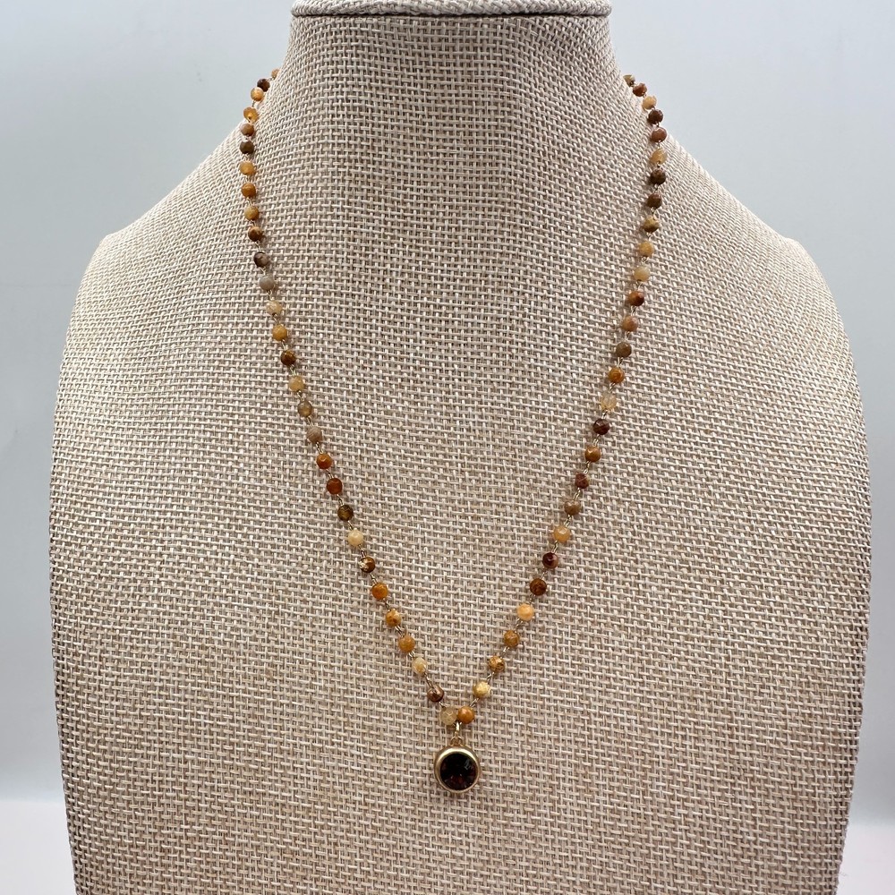 Vintage 90s Gold Tone Beaded Pendent Necklace Rhinestone Boho Women's Jewelry