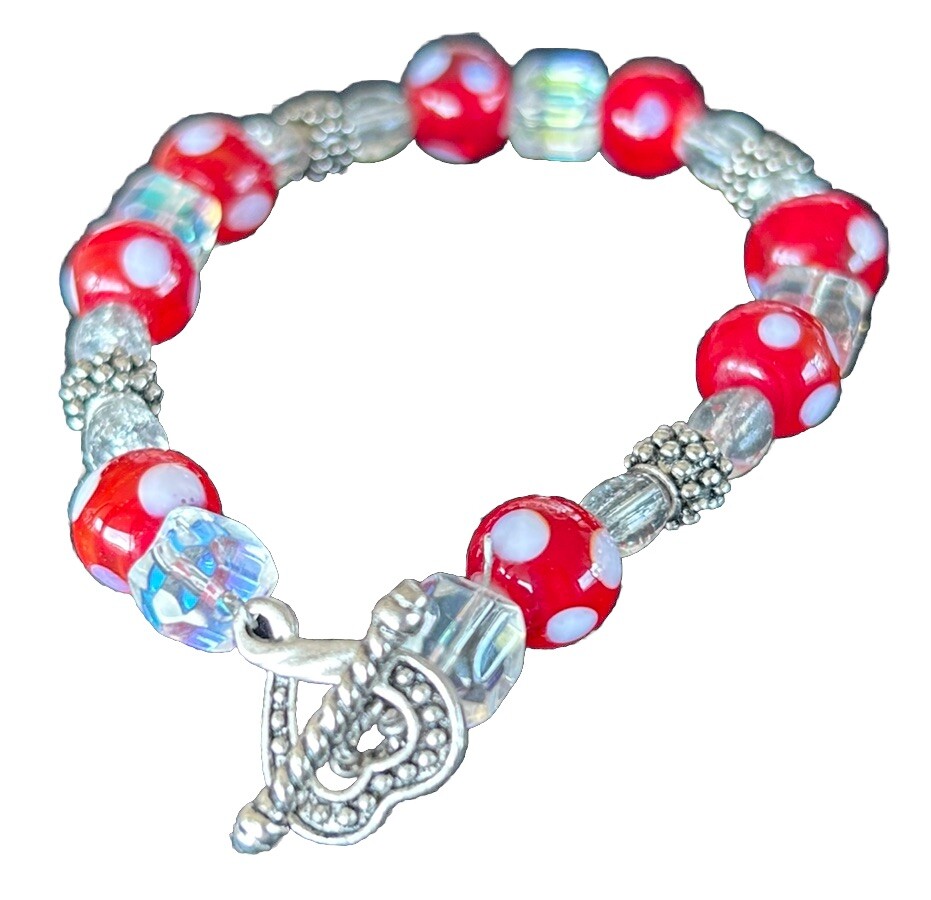 Artisan Glass Bead Red and White Bracelet w/Toggle Heart Clasp & Polkadots