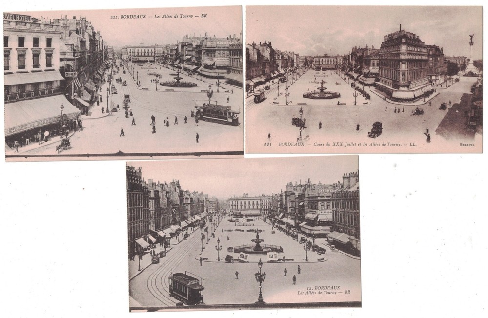 3 Antique Different Views Les Allees De Tourny Bordeaux France Postcard