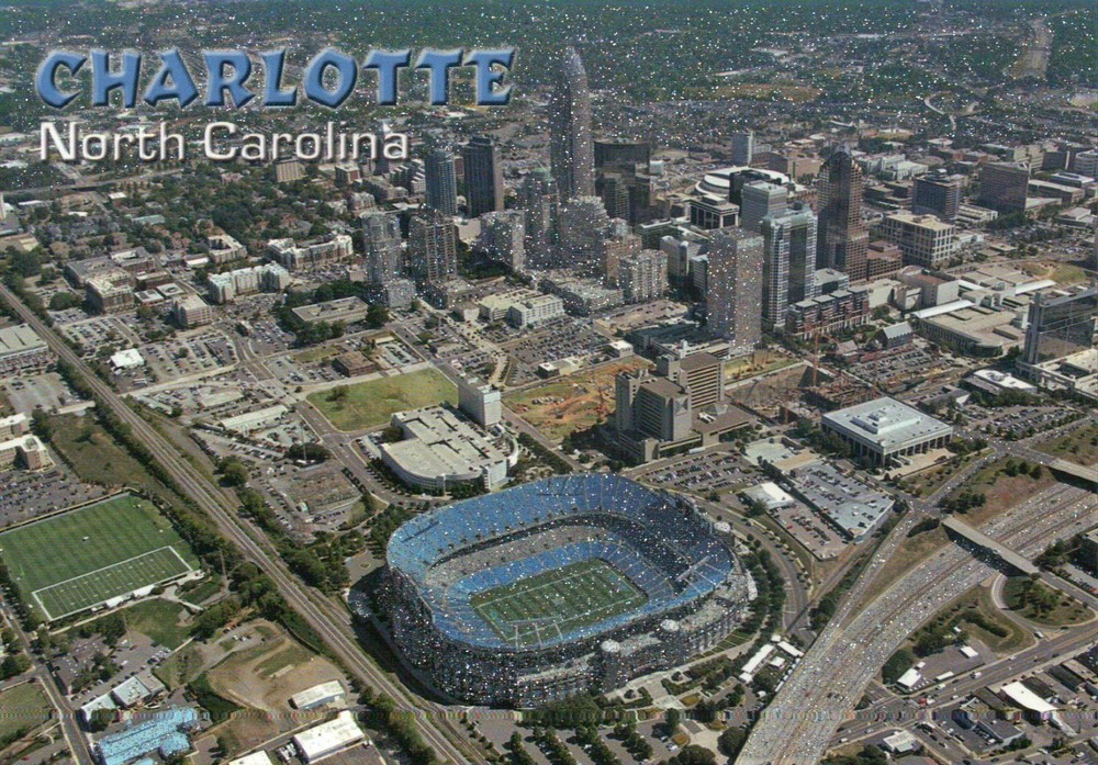 Charlotte North Carolina, Football Stadium NFL Panthers Skyline Glitter Postcard