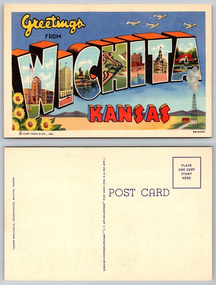 Greetings From Wichita Kansas Large Letter Postcard Curt Teich Airplanes Oil