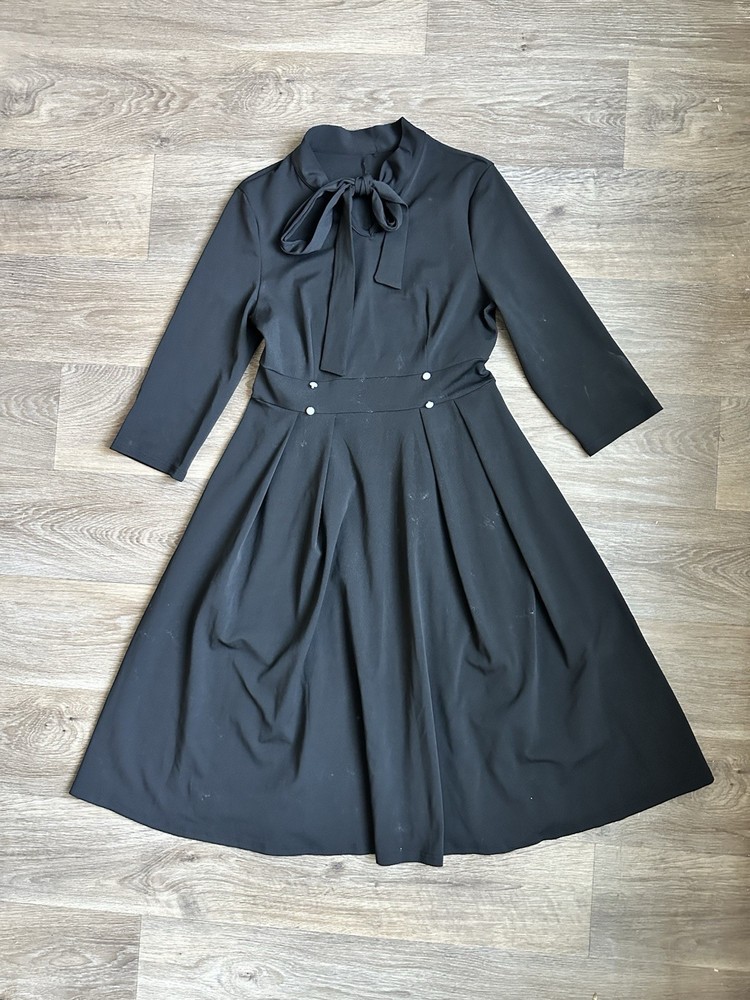 Black A-Line Midi Dress with Bow Neckline & Button Detail Size M Work to Party