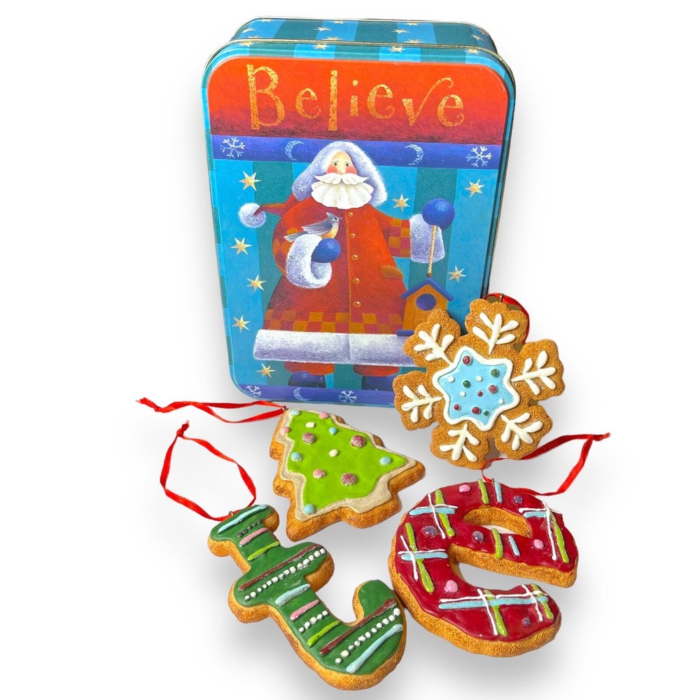 Festive Gingerbread Cookie Ornament Set - 4 Piece Tin Decor