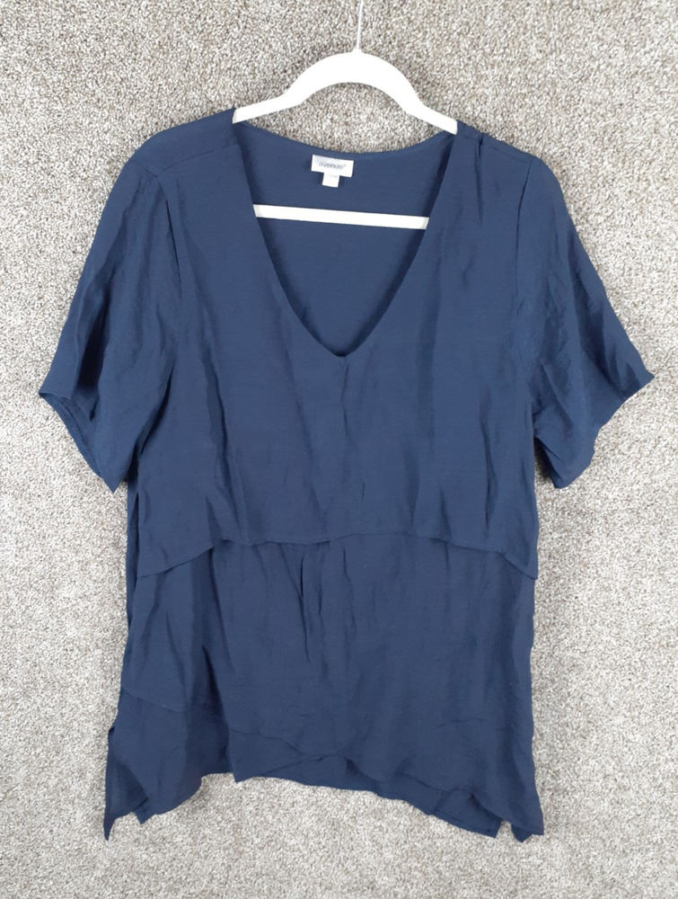 Avenue Tiered Short Sleeve Top Womens 14/16 Navy Blue Viscose Blend V-Neck Boho