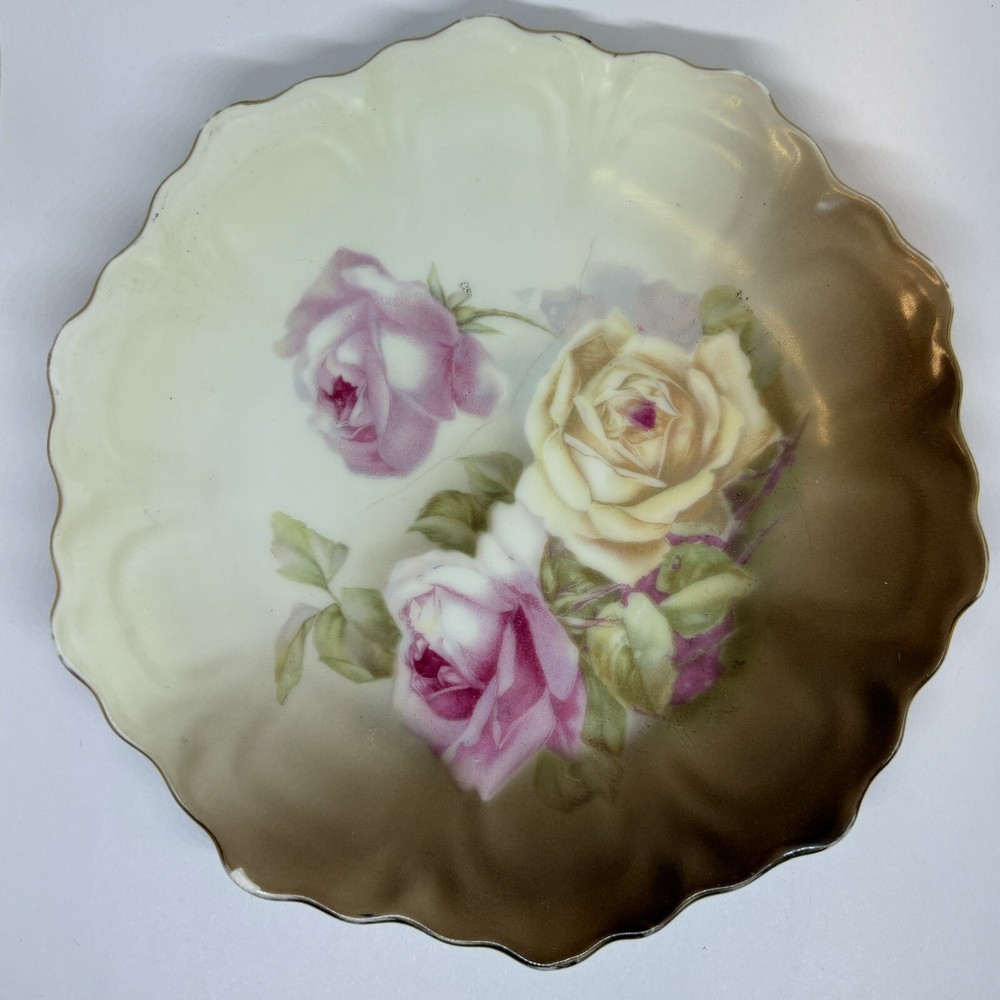 Antique Hand Painted Pink Roses Gold Trim Scalloped Edge Plate 7” Chipped