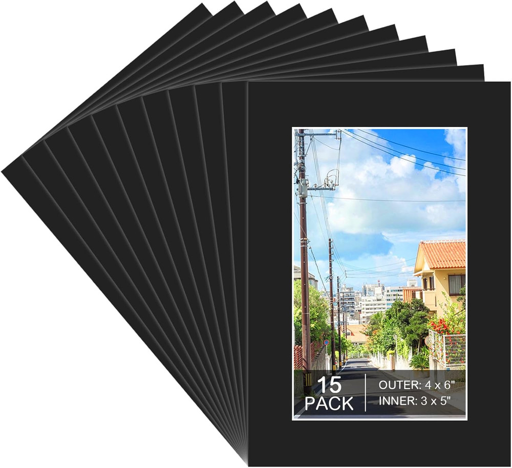 15 Pack 4X6 Black Picture Mats, Frame Mattes for 3X5 Pictures Display Photo Fram