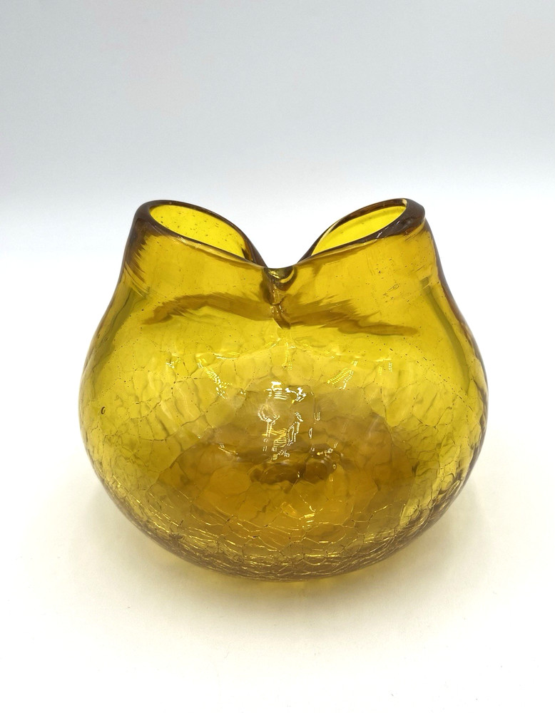Hard-to-Find MCM/Vintage Blenko Ivy Pinched Vase, #39 Mini, Crackle Glass, Gold