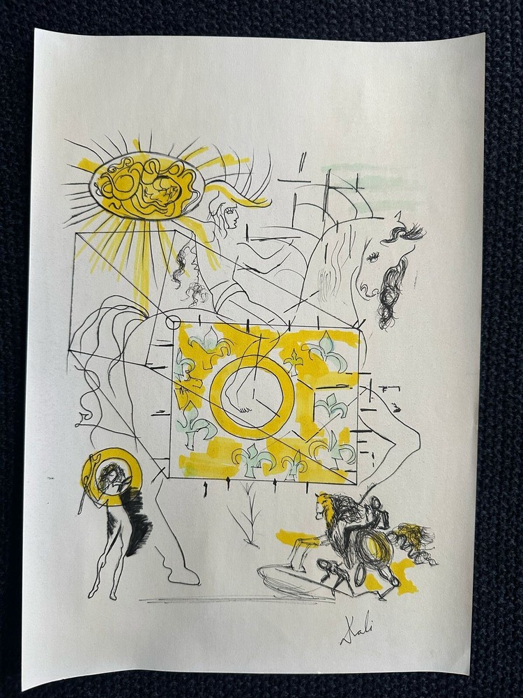 Salvador Dali drawing and painting on old paper signed stamped vintage
