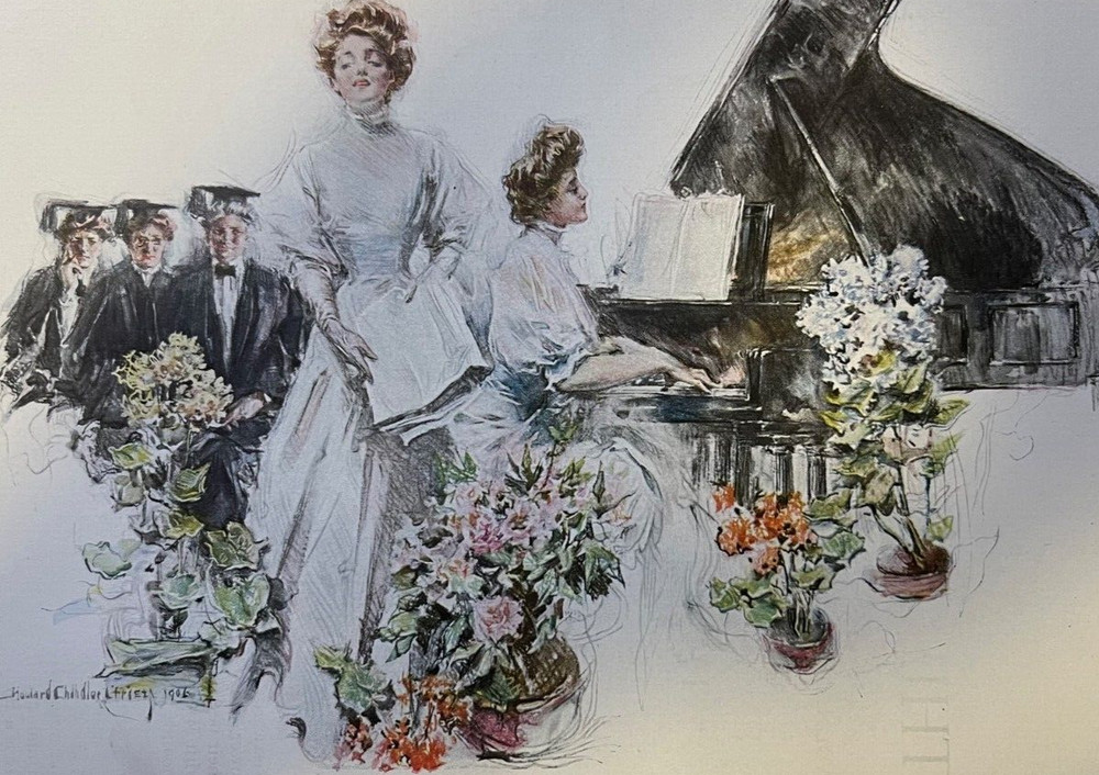 1906 Vintage Magazine Illustration Howard Chandler Christy Girls Singing  Piano