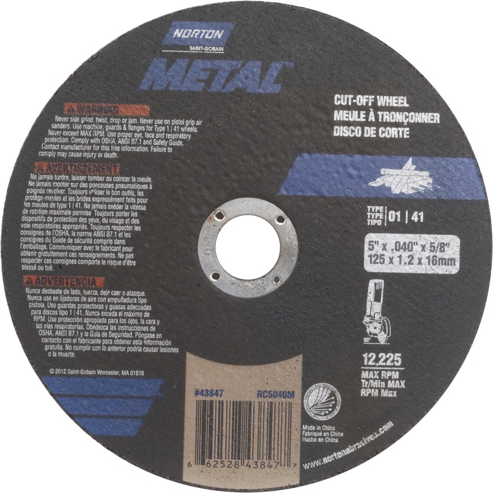 Norton Cutoff Wheel, 5in. Dia., 12,225 RPM, Model# 076607-01618-8