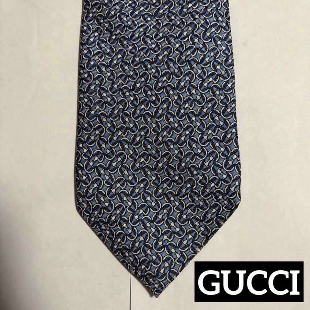 GUCCI Necktie Tie All over horse bit pattern 100% Silk Made in Italy Blue Men's