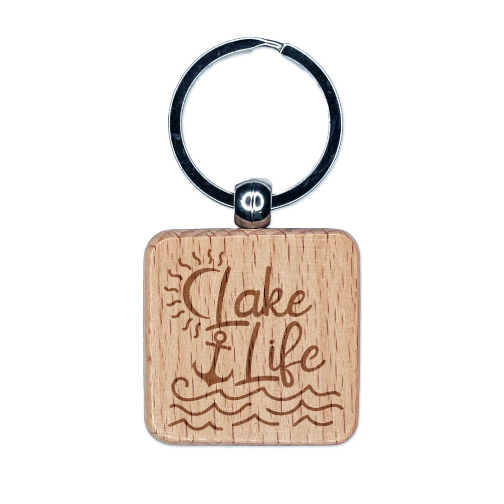 Lake Life with Anchor Engraved Wood Square Keychain Tag Charm